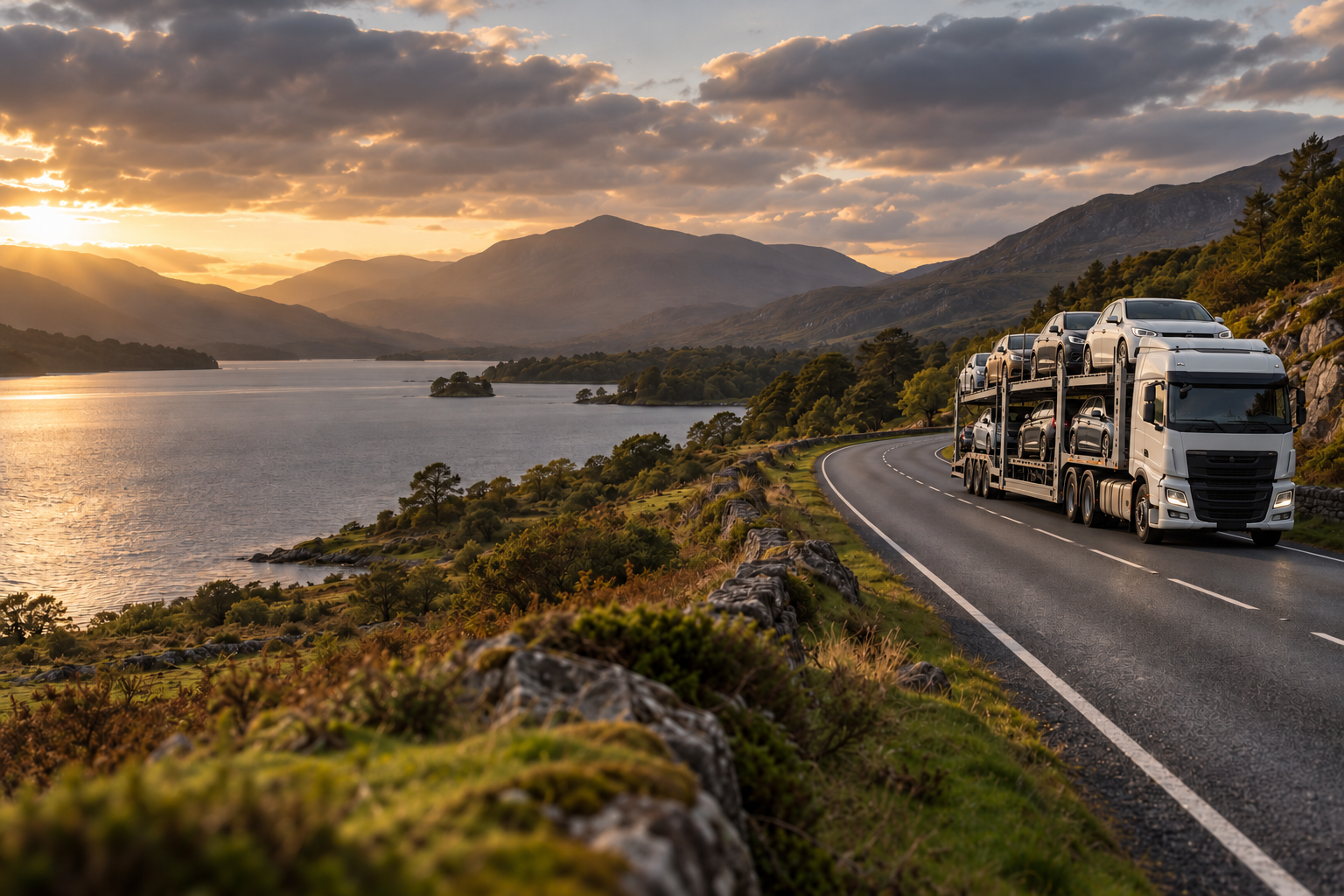 Illustrative car transporter carrying vehicles on a scenic road